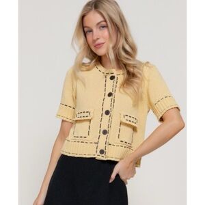 1112 • French Butter Short Sleeve Cardigan w/Brown Stitch Details & Flap Pockets